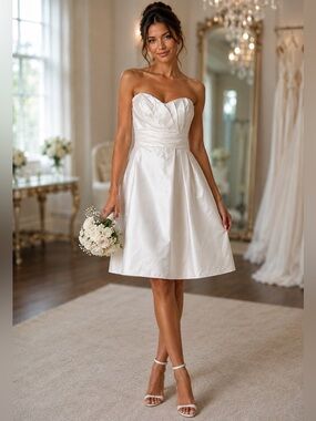 Vineyard Collection Strapless Satin Bridal Wedding Mini Dress Ivory White 8